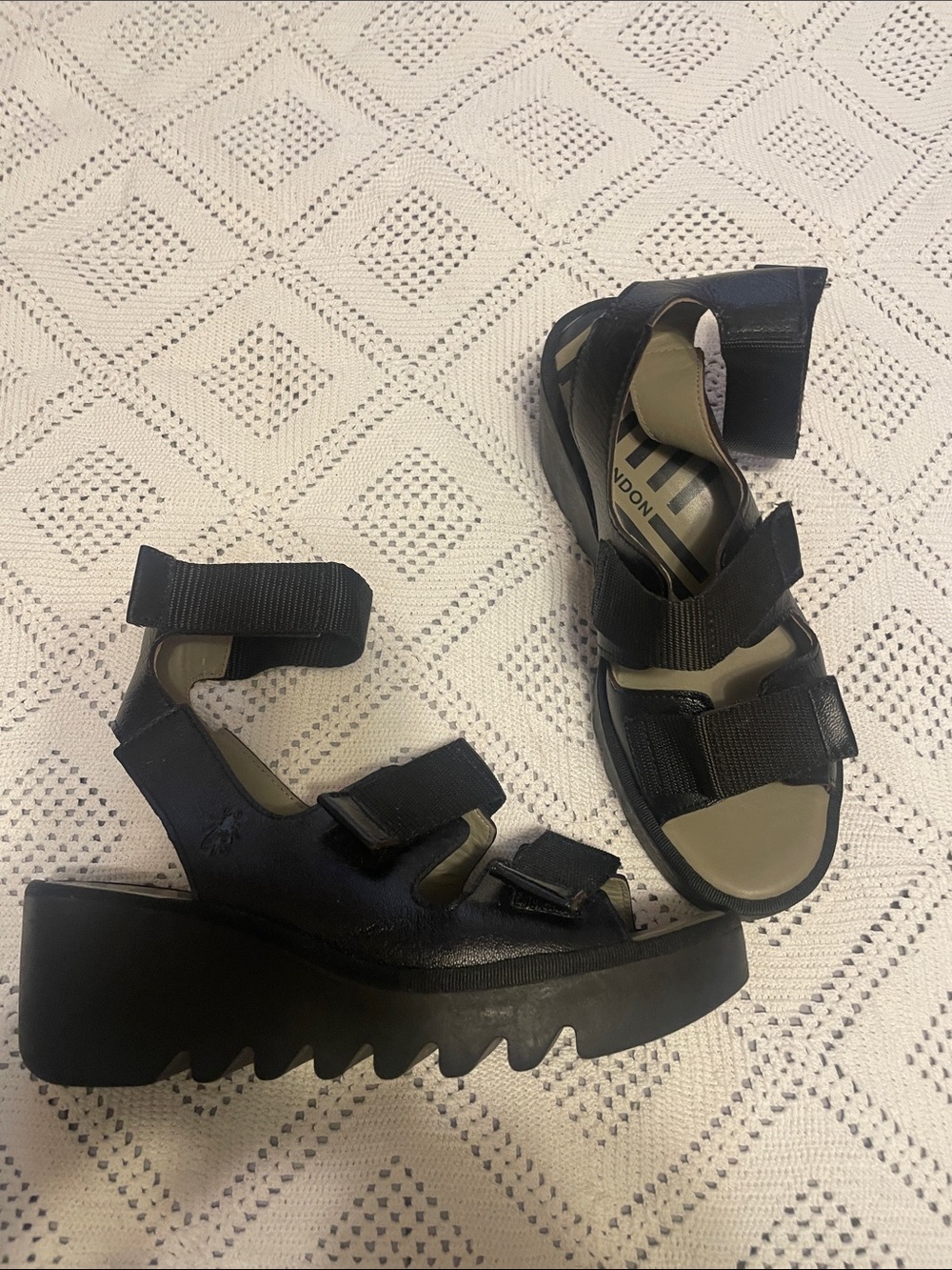Fly London Black Strappy Platform Velcro Sandals